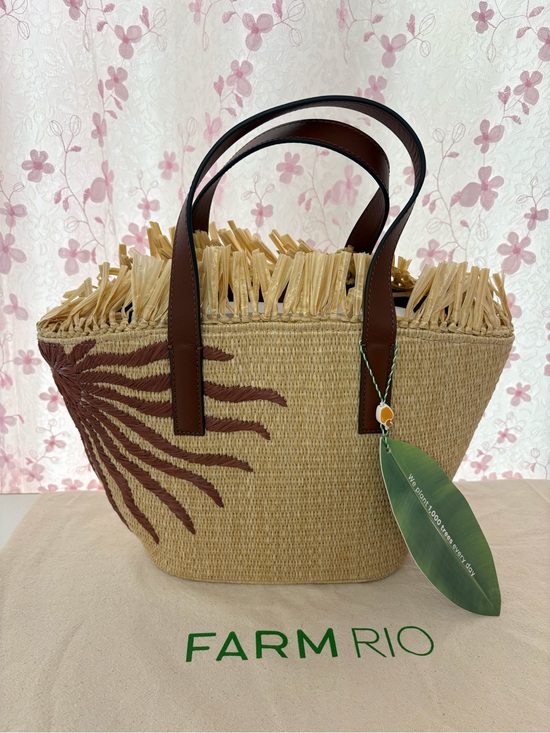 FARM Rio Handbags - Farm Rio Small Fringed Leather Trimmed Raffia Tote Bag